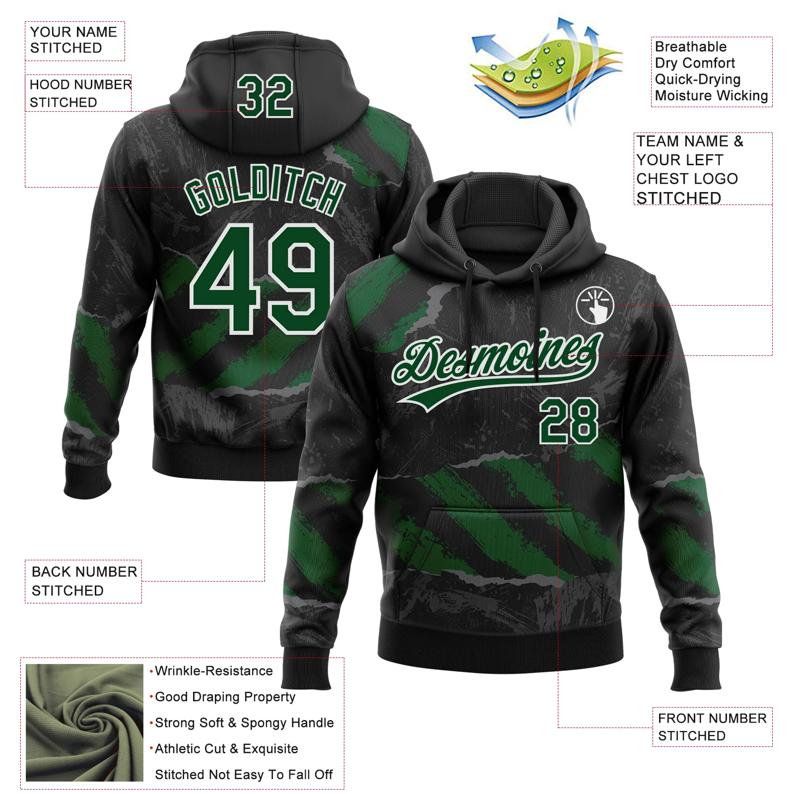 Custom Stitched Black Green Steel Gray-White 3D Pattern Design Splash Sports Pullover Sweatshirt Hoodie - Image 2