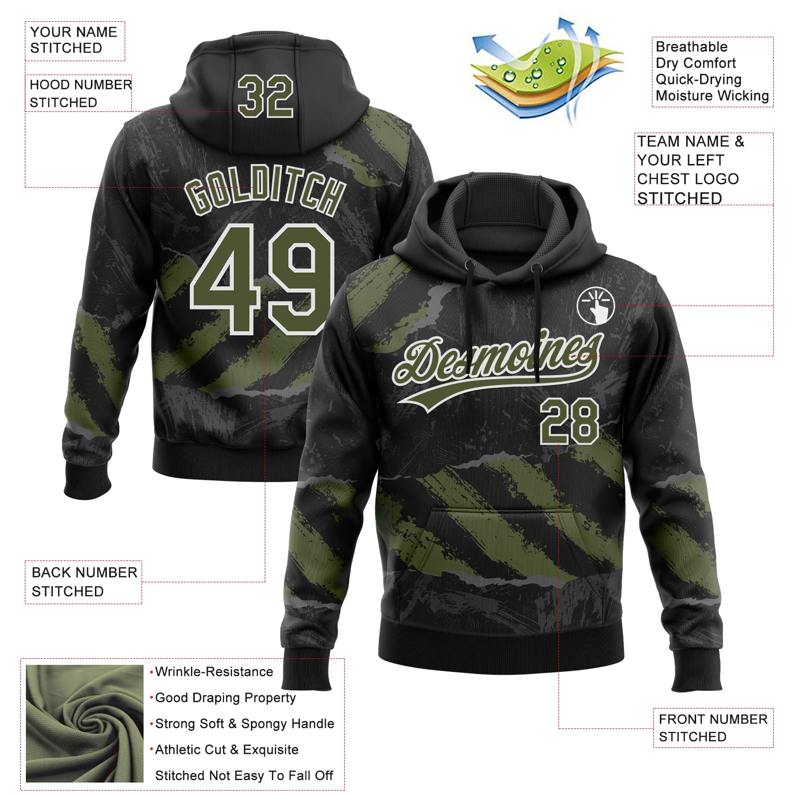 Custom Stitched Black Olive Steel Gray-White 3D Pattern Design Splash Sports Pullover Sweatshirt Hoodie - Image 2