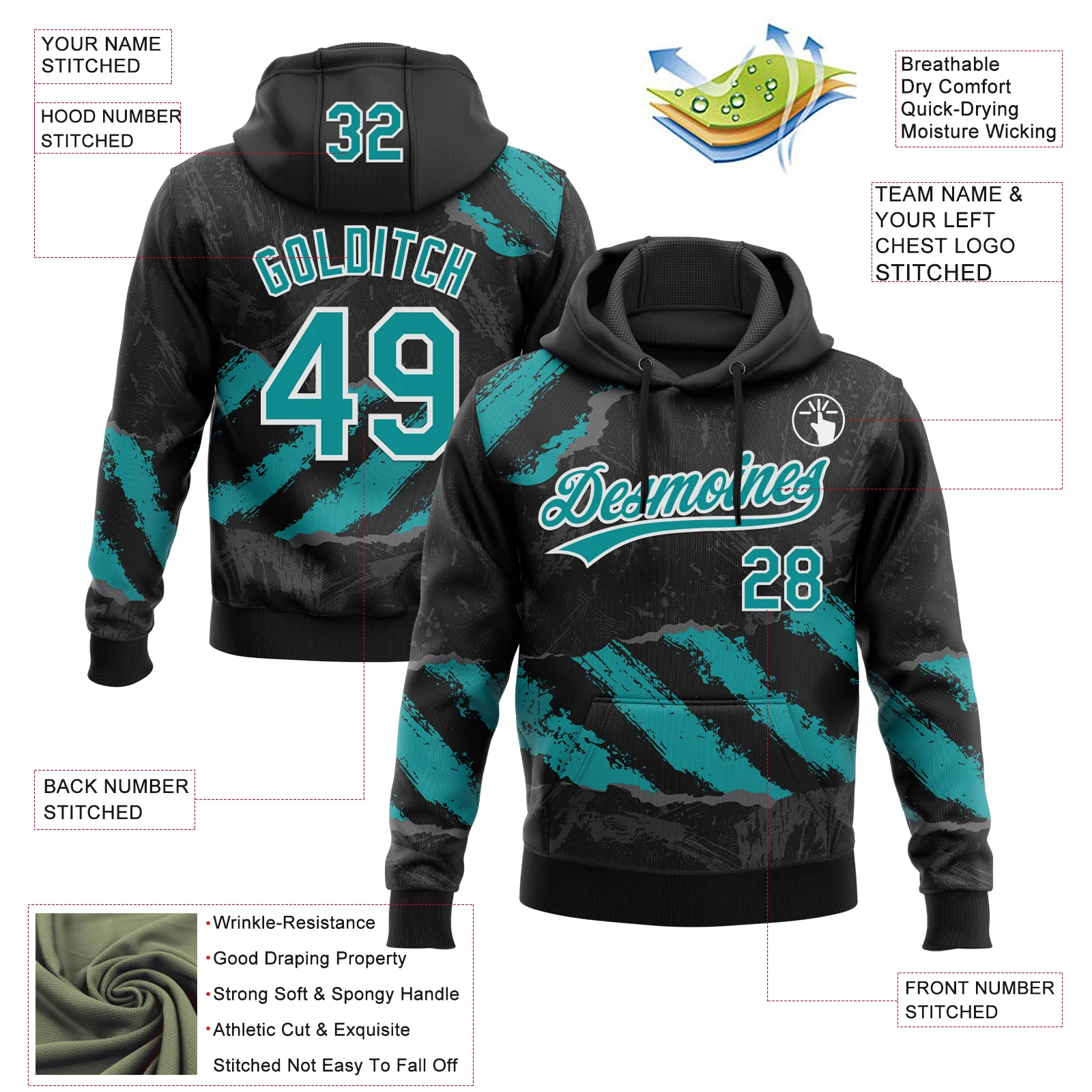 Custom Stitched Black Teal Steel Gray-White 3D Pattern Design Splash Sports Pullover Sweatshirt Hoodie - Image 2