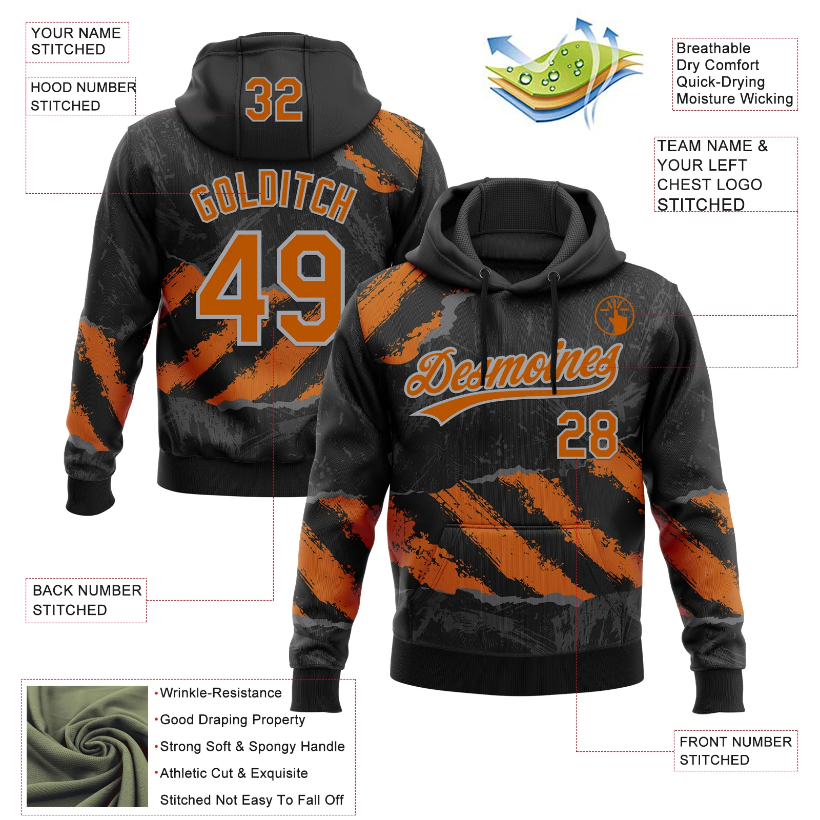 Custom Stitched Black Texas Orange Steel Gray-Gray 3D Pattern Design Splash Sports Pullover Sweatshirt Hoodie - Image 2