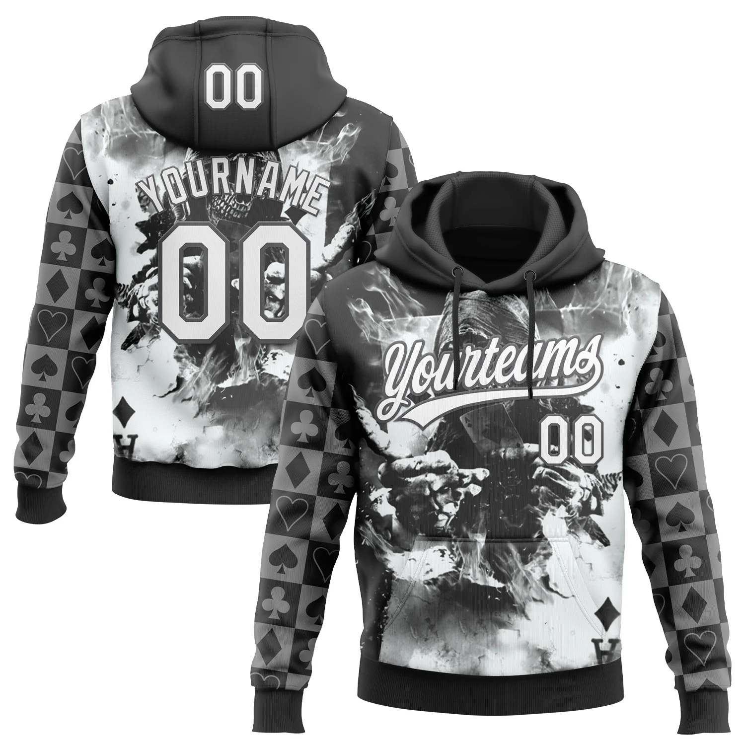 Custom Stitched Black White-Steel Gray Skull Poker Pattern Pullover Sweatshirt Hoodie