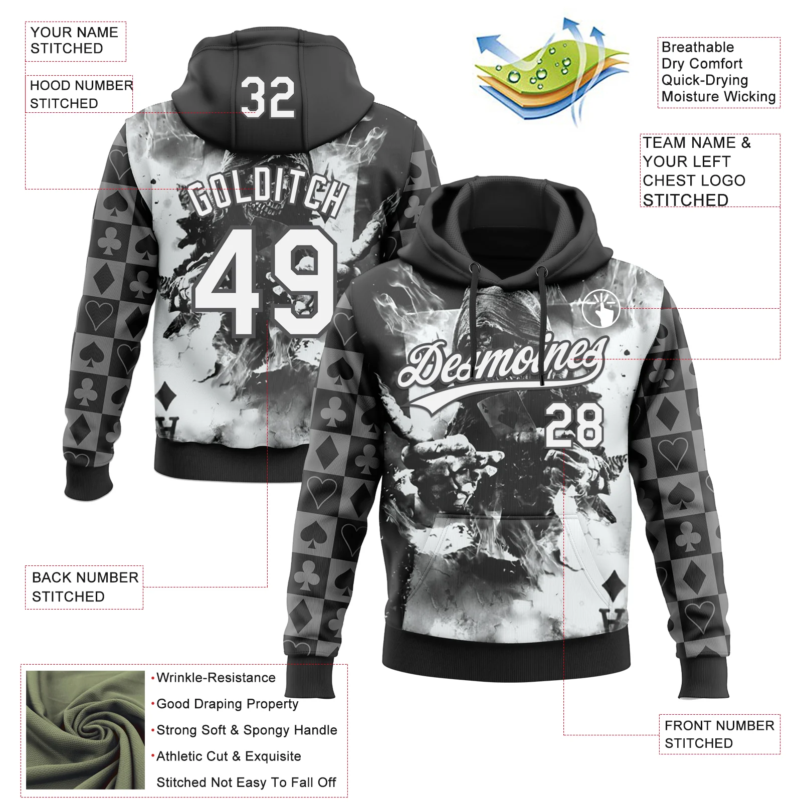 Custom Stitched Black White-Steel Gray Skull Poker Pattern Pullover Sweatshirt Hoodie - Image 4