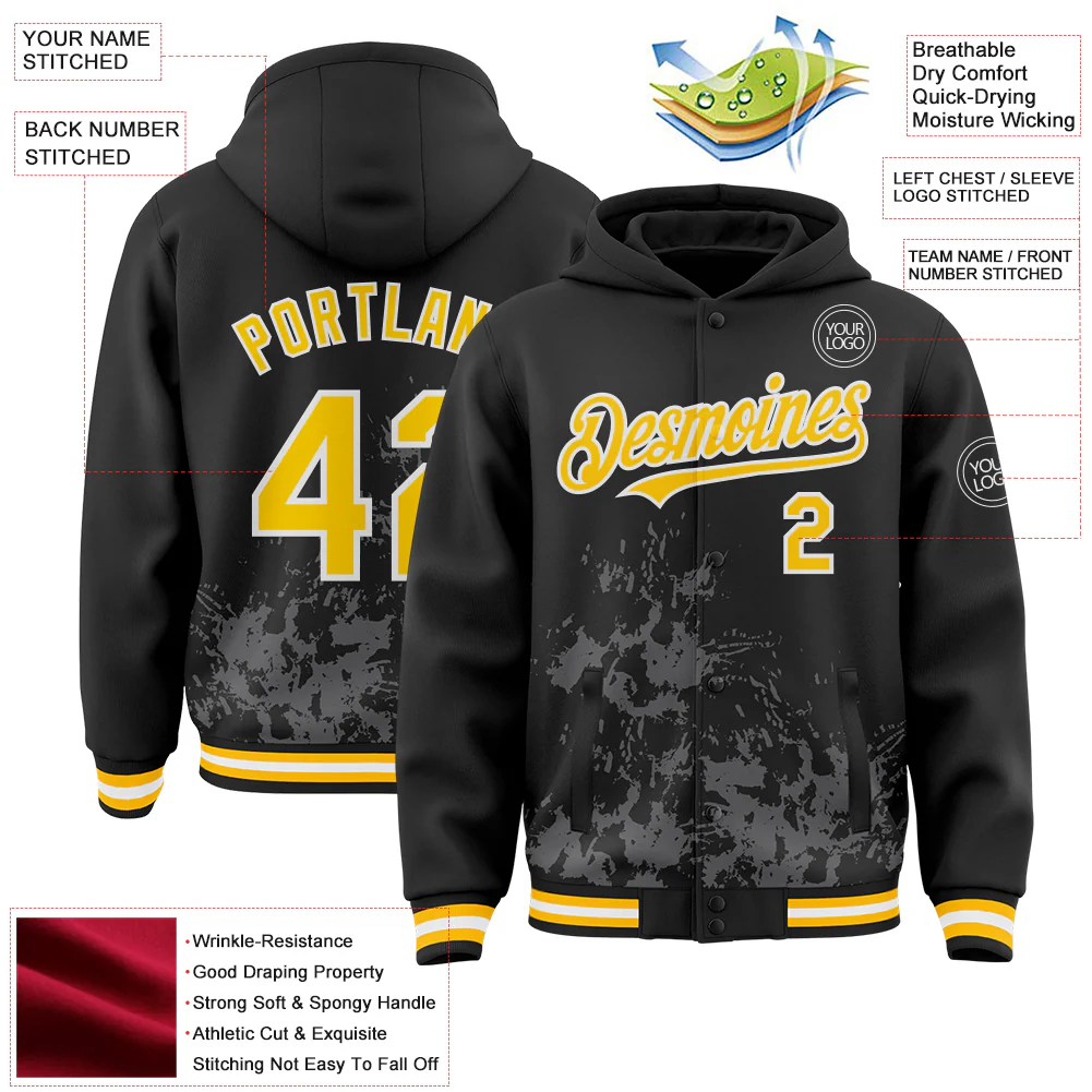 Custom Black Yellow Steel Gray-White Splash Art 3D Pattern Design Bomber Full-Snap Varsity Letterman Hoodie Jacket - Image 4