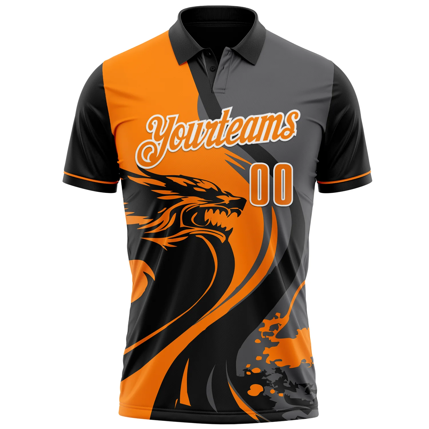 Custom Black Bay Orange Steel Gray-White 3D Pattern Design Animal Wolf And Splash Performance Polo Shirt - Image 2