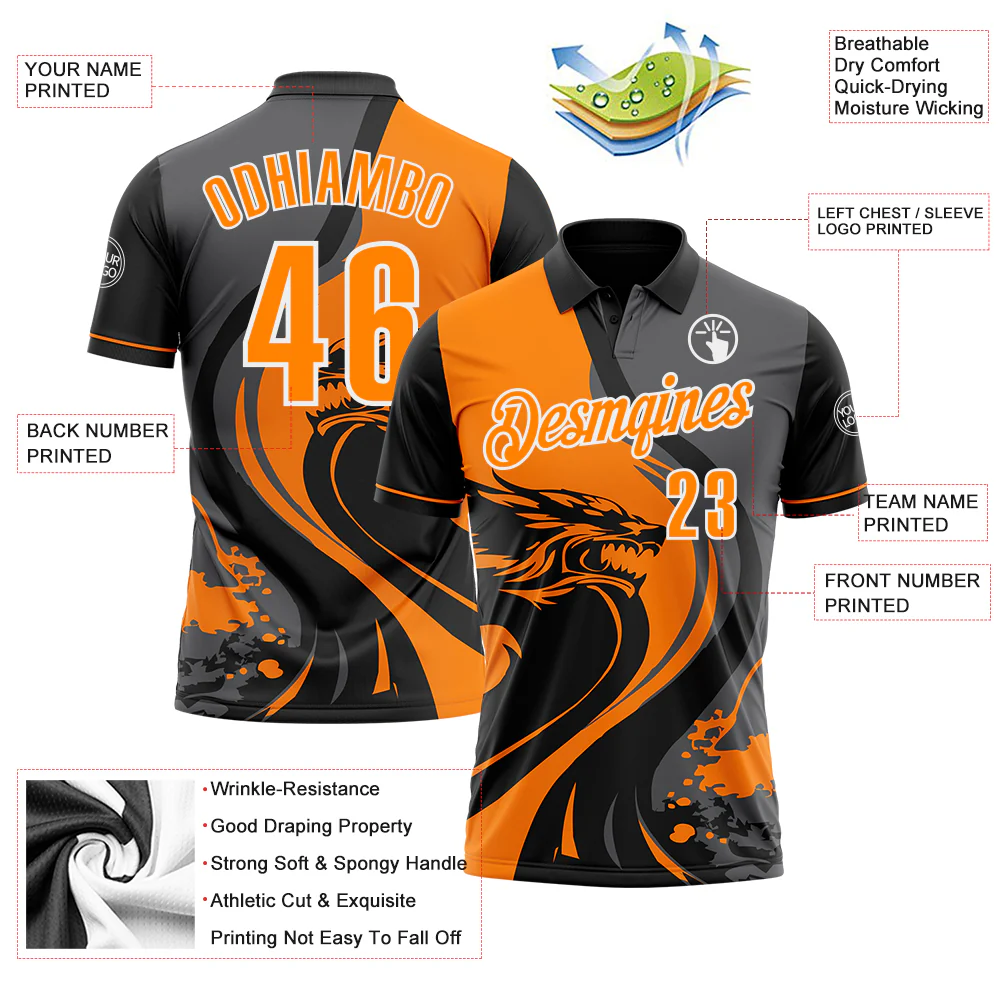 Custom Black Bay Orange Steel Gray-White 3D Pattern Design Animal Wolf And Splash Performance Polo Shirt - Image 3