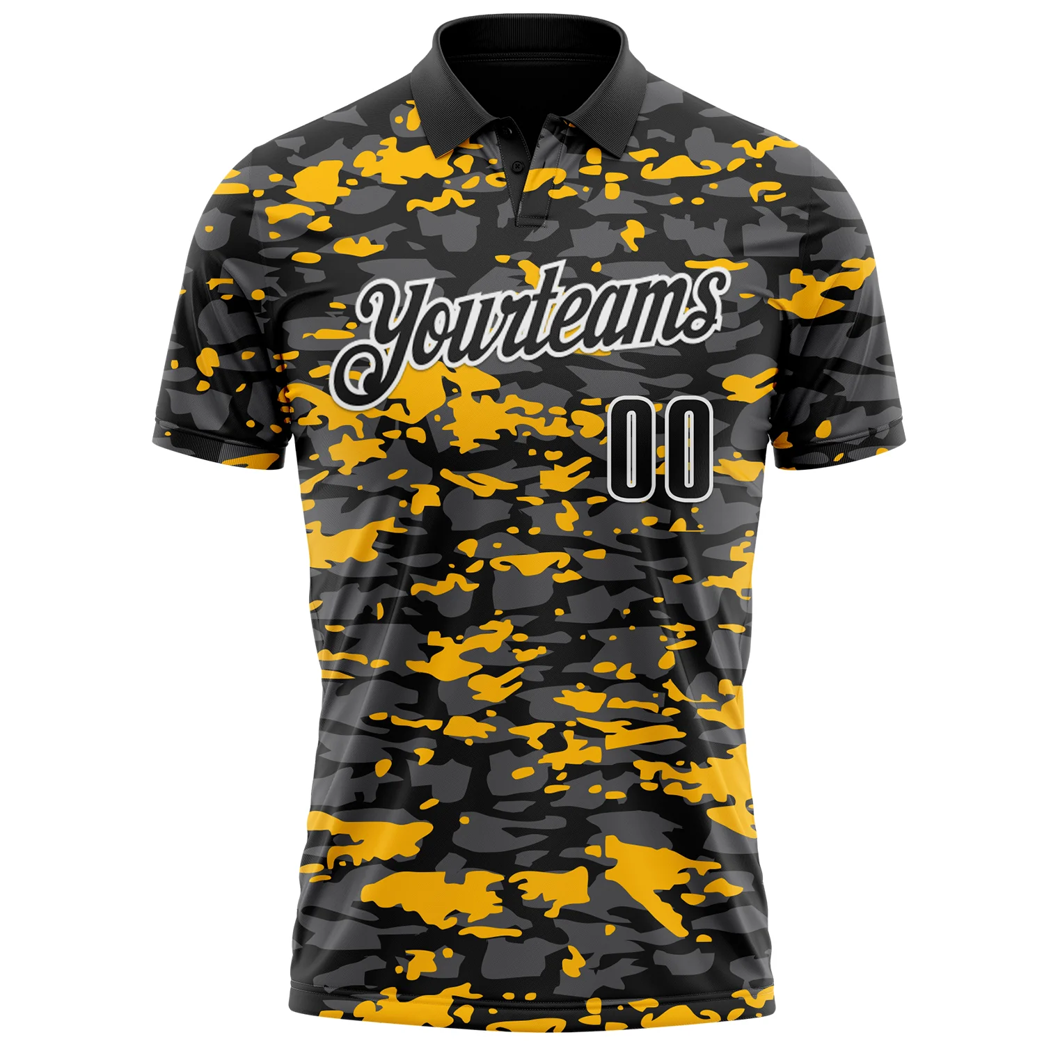Custom Black Steel Gray Gold-White 3D Pattern Design Splash Performance Polo Shirt - Image 2