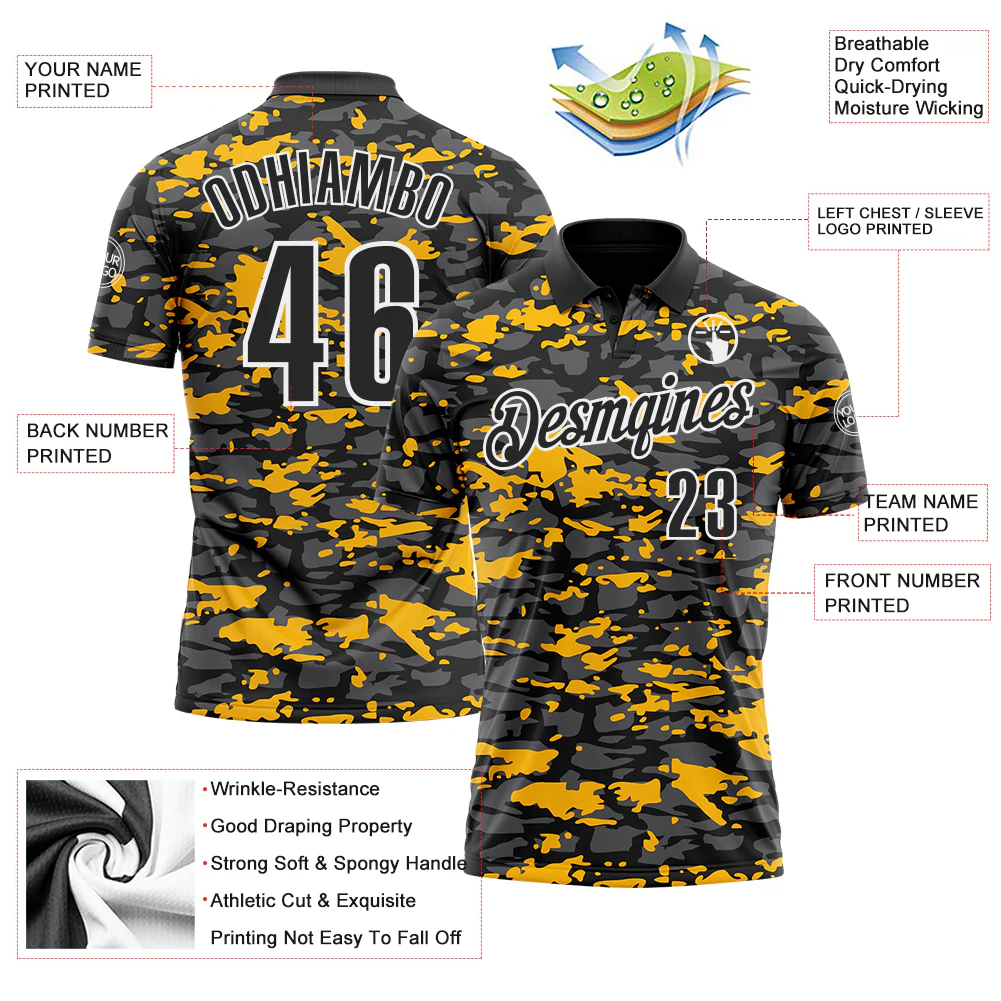 Custom Black Steel Gray Gold-White 3D Pattern Design Splash Performance Polo Shirt - Image 3