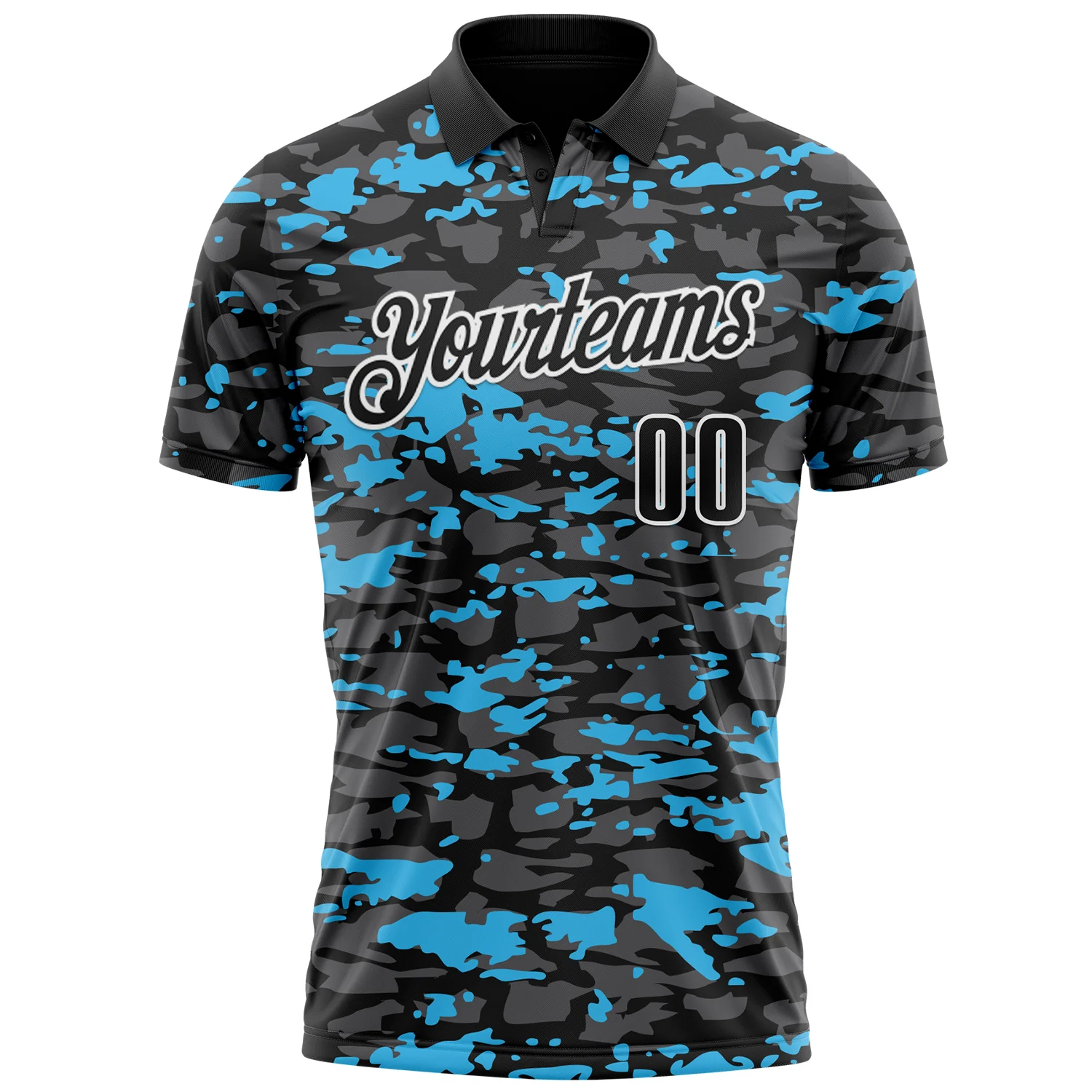 Custom Black Steel Gray Sky Blue-White 3D Pattern Design Splash Performance Polo Shirt - Image 2