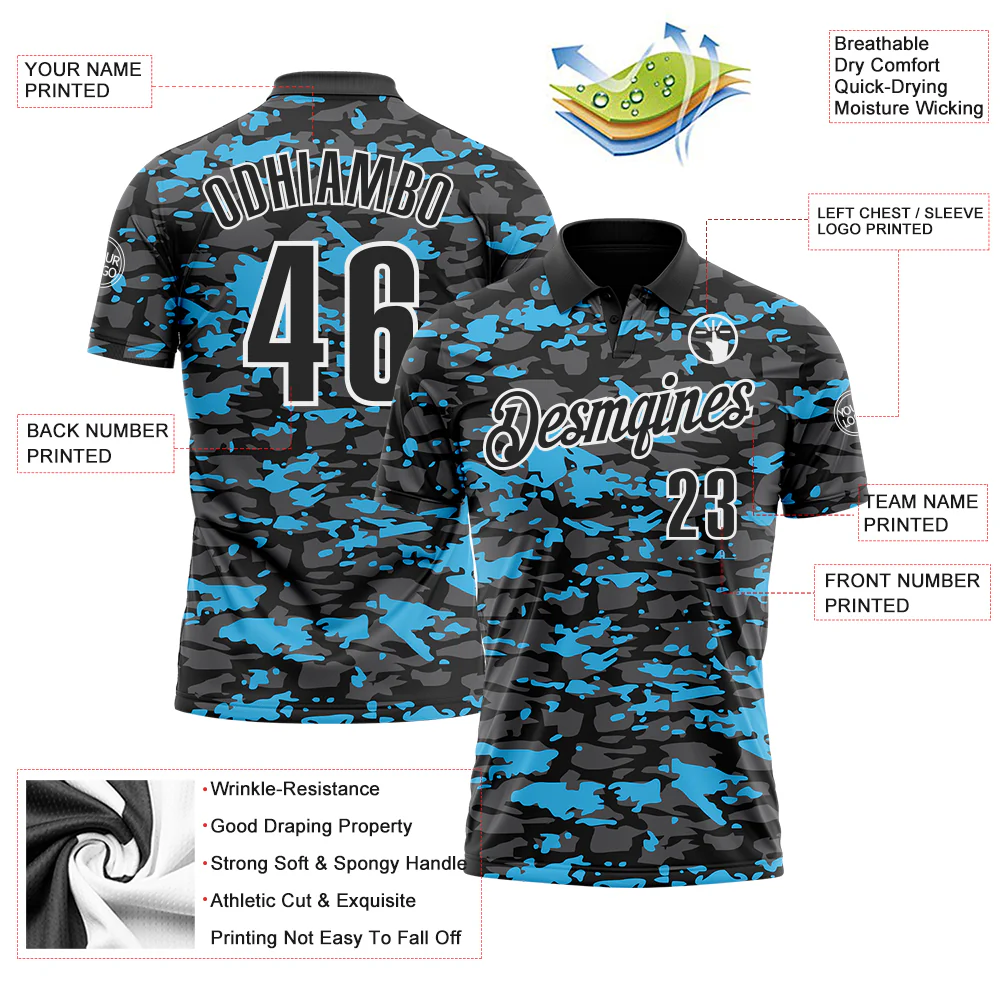 Custom Black Steel Gray Sky Blue-White 3D Pattern Design Splash Performance Polo Shirt - Image 3