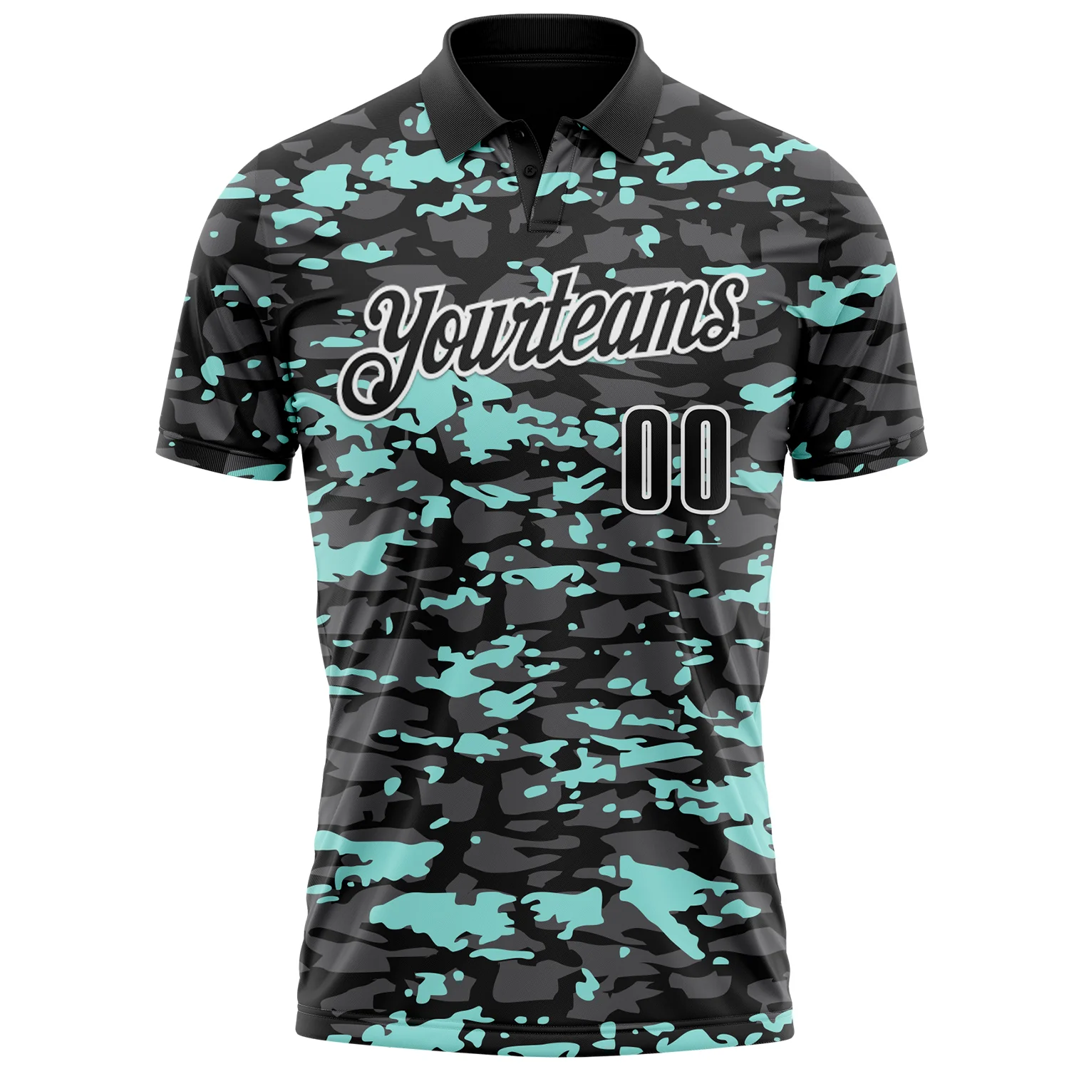 Custom Black Steel Gray Ice Blue-White 3D Pattern Design Splash Performance Polo Shirt - Image 2