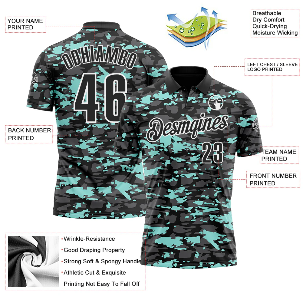Custom Black Steel Gray Ice Blue-White 3D Pattern Design Splash Performance Polo Shirt - Image 3