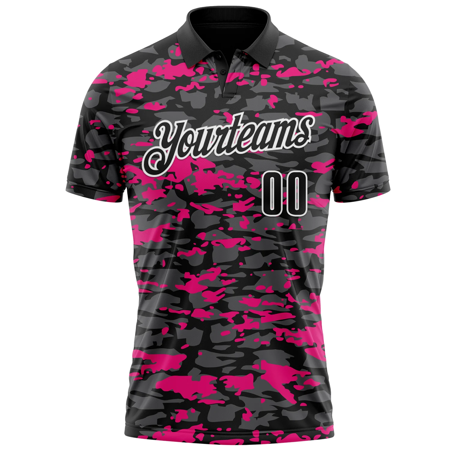 Custom Black Steel Gray Hot Pink-White 3D Pattern Design Splash Performance Polo Shirt - Image 2