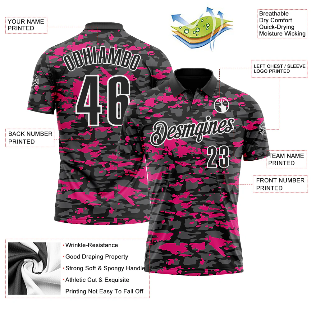 Custom Black Steel Gray Hot Pink-White 3D Pattern Design Splash Performance Polo Shirt - Image 3