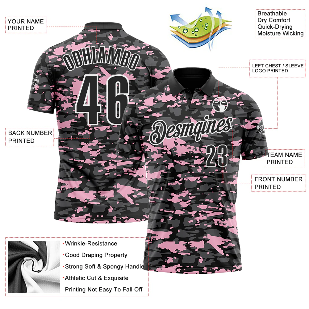 Custom Black Steel Gray Light Pink-White 3D Pattern Design Splash Performance Polo Shirt - Image 3