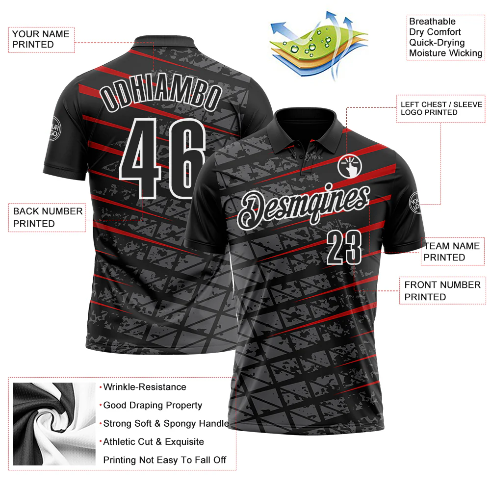 Custom Black Steel Gray Red-White 3D Pattern Design Grid And Fragment Art Performance Polo Shirt - Image 3