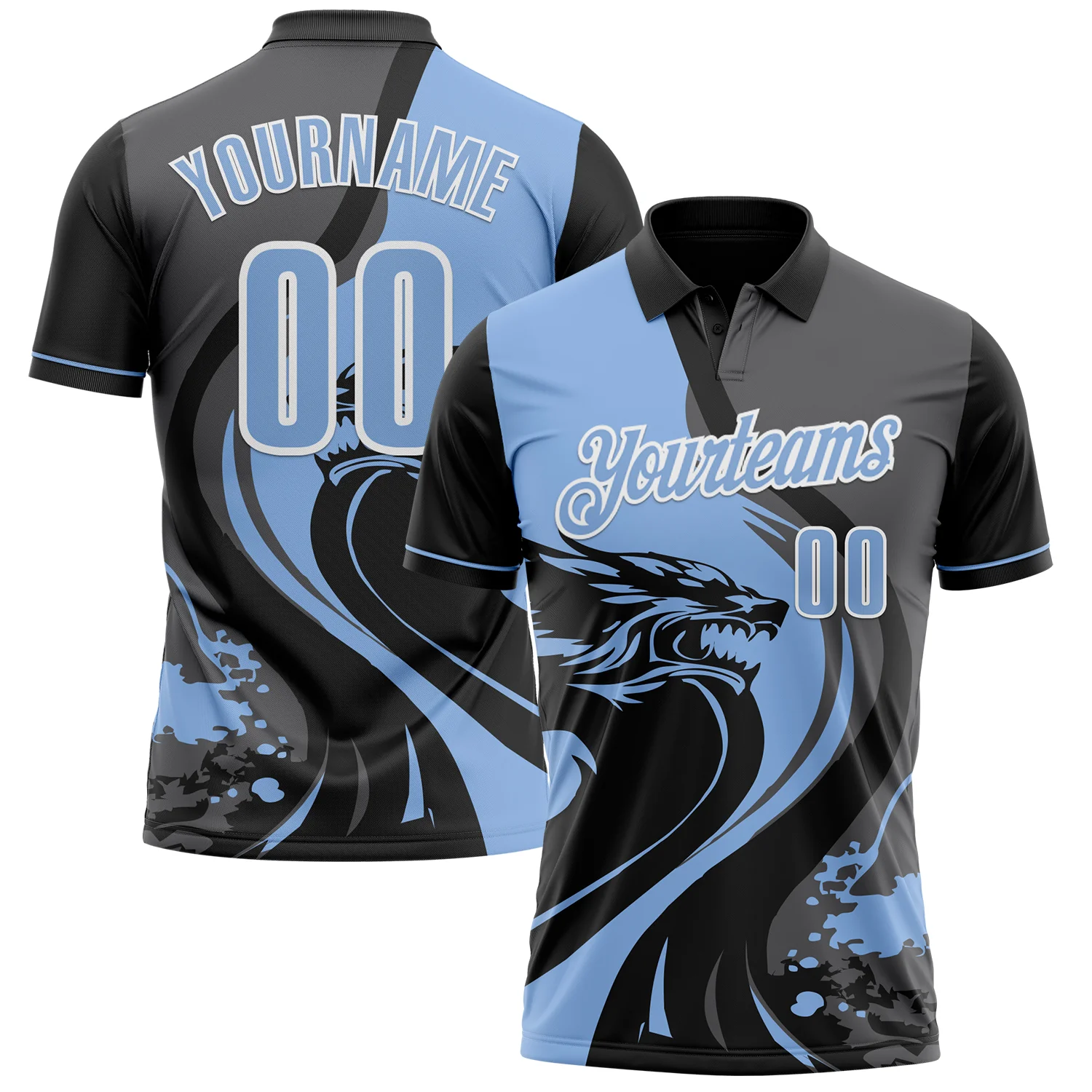 Custom Black Light Blue Steel Gray-White 3D Pattern Design Animal Wolf And Splash Performance Polo Shirt