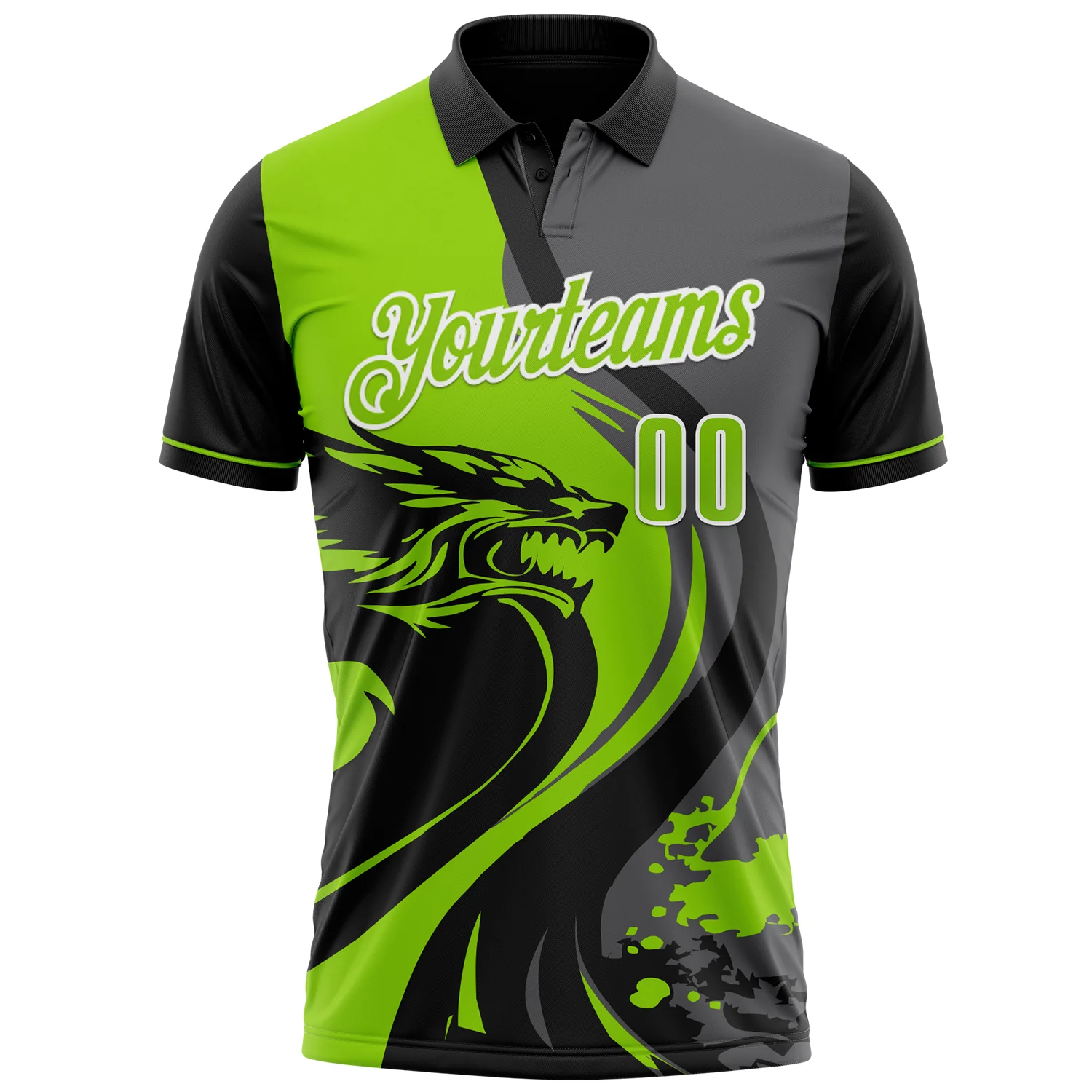 Custom Black Neon Green Steel Gray-White 3D Pattern Design Animal Wolf And Splash Performance Polo Shirt - Image 2