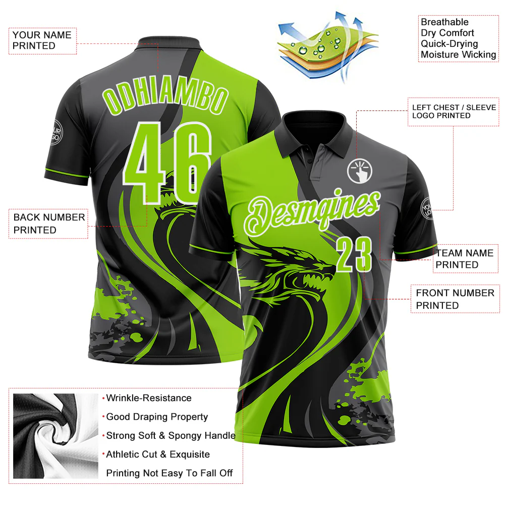 Custom Black Neon Green Steel Gray-White 3D Pattern Design Animal Wolf And Splash Performance Polo Shirt - Image 3