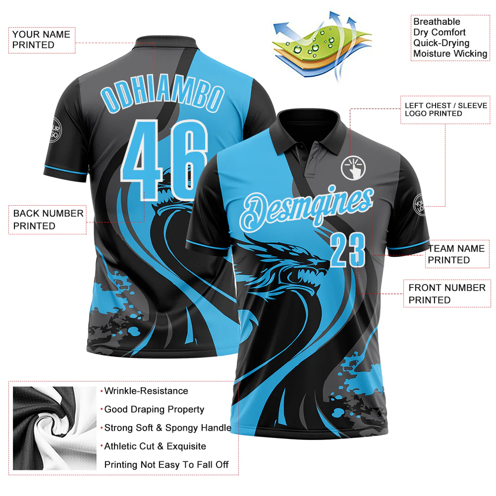 Custom Black Sky Blue Steel Gray-White 3D Pattern Design Animal Wolf And Splash Performance Polo Shirt - Image 3