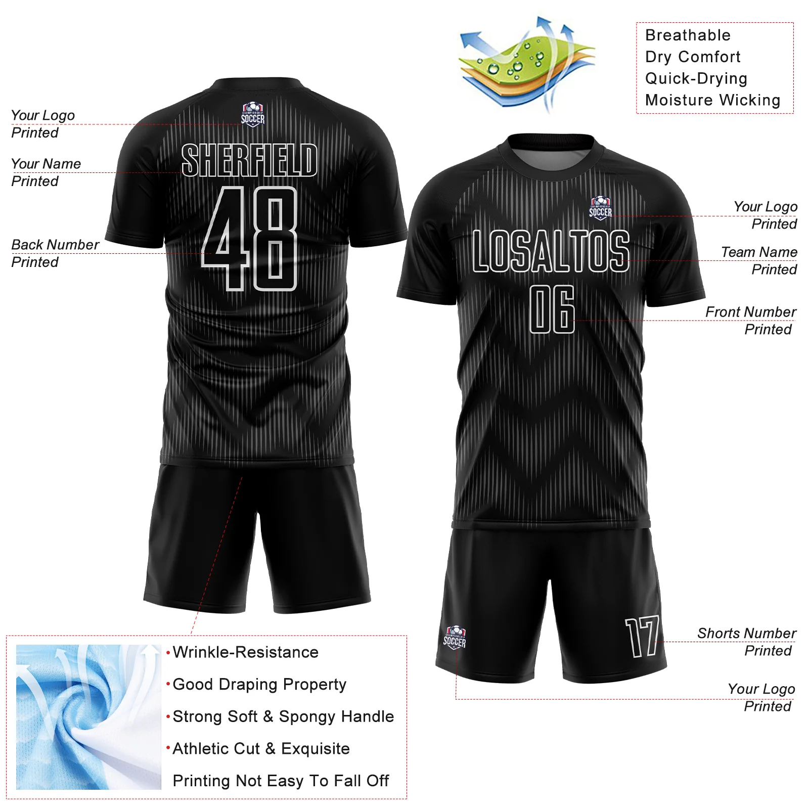 Custom Black Steel Gray-White Line Sublimation Soccer Uniform Jersey - Image 4
