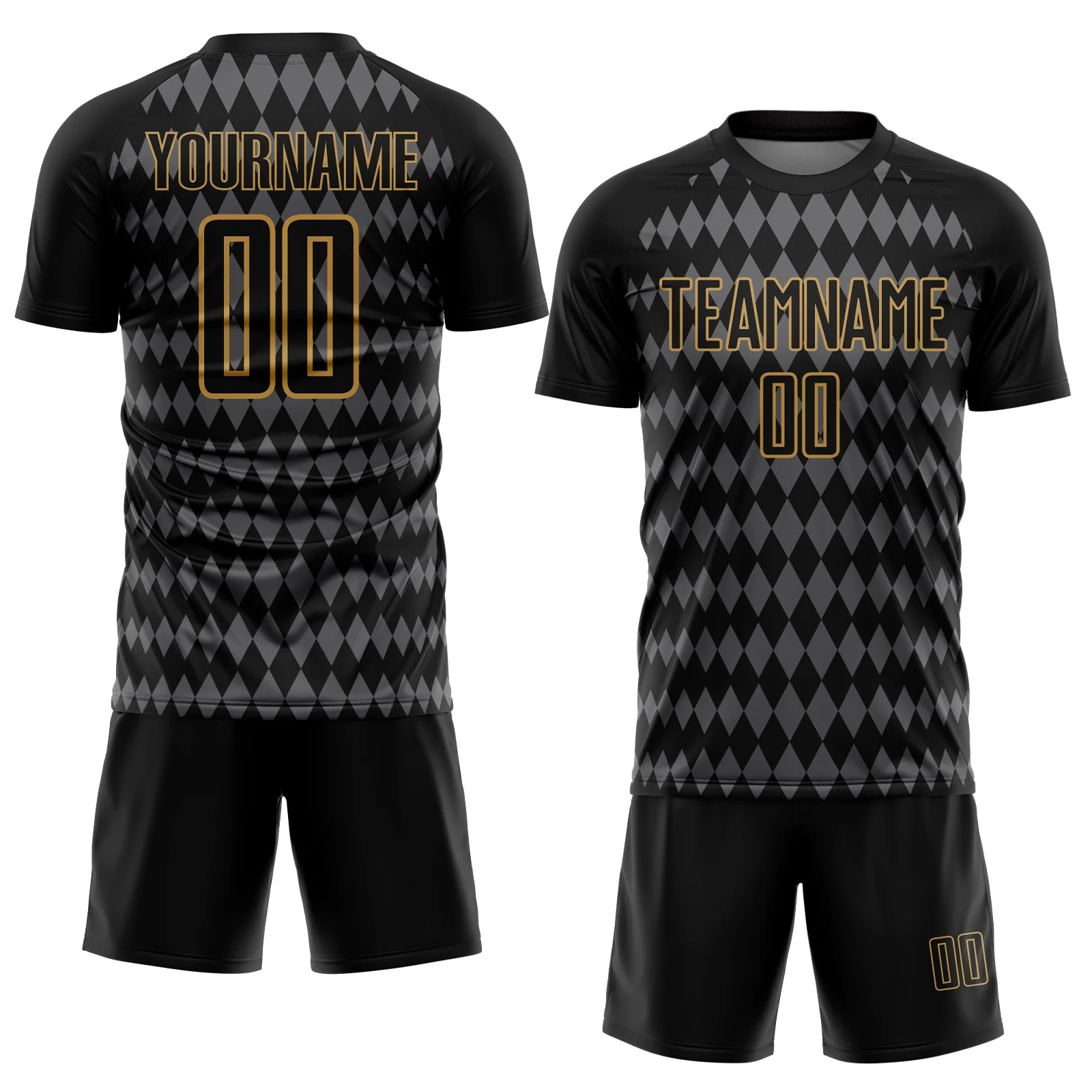 Custom Black Steel Gray-Old Gold Diamond Harlequin Check Sports Sublimation Soccer Uniform Jersey - Image 2