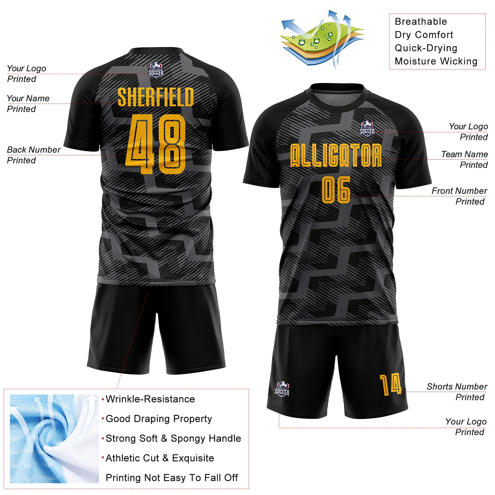 Custom Black Gold-Steel Gray Line Sublimation Soccer Uniform Jersey - Image 4