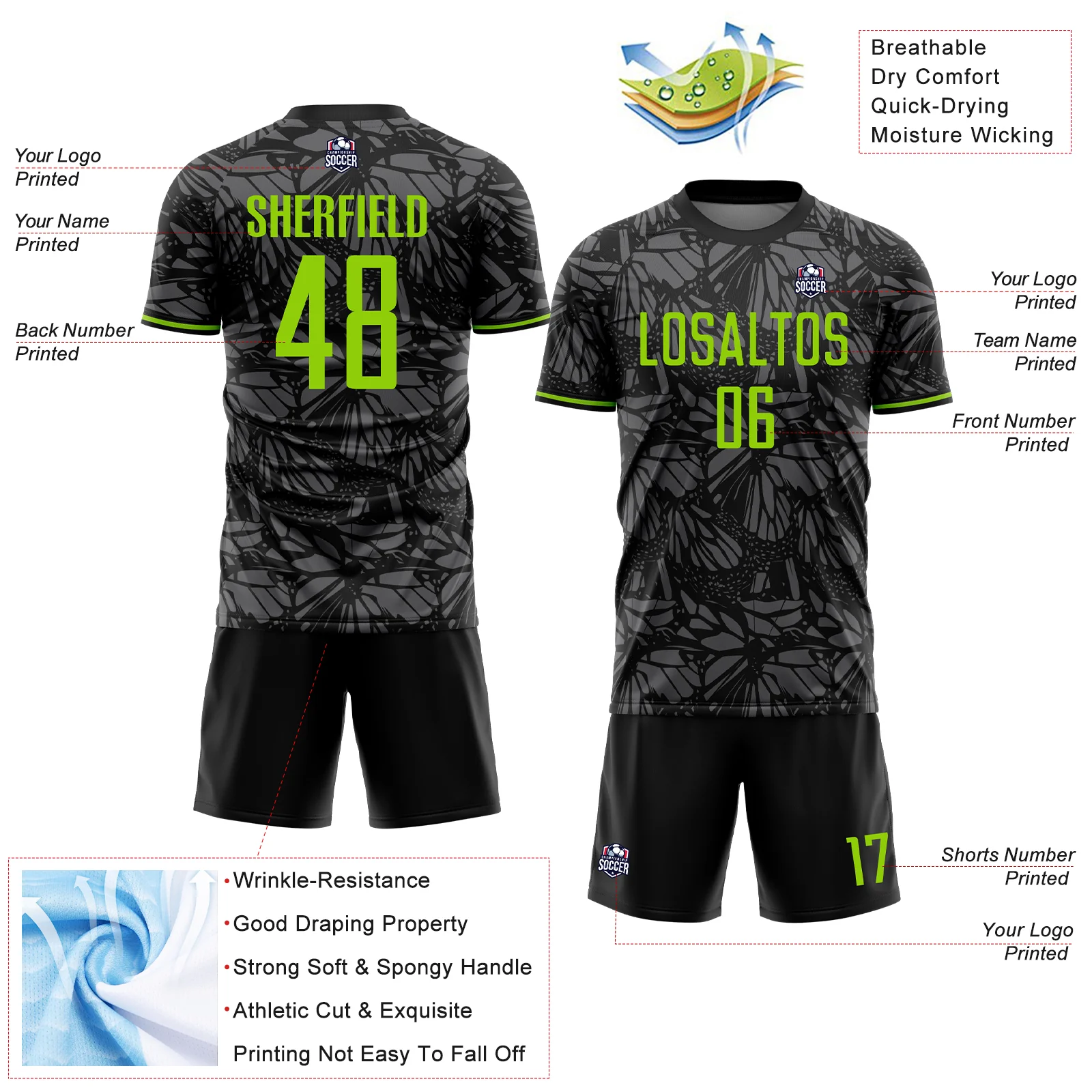 Custom Black Neon Green-Steel Gray Colombia Butterfly Wings Pattern Sublimation Soccer Uniform Jersey - Image 4