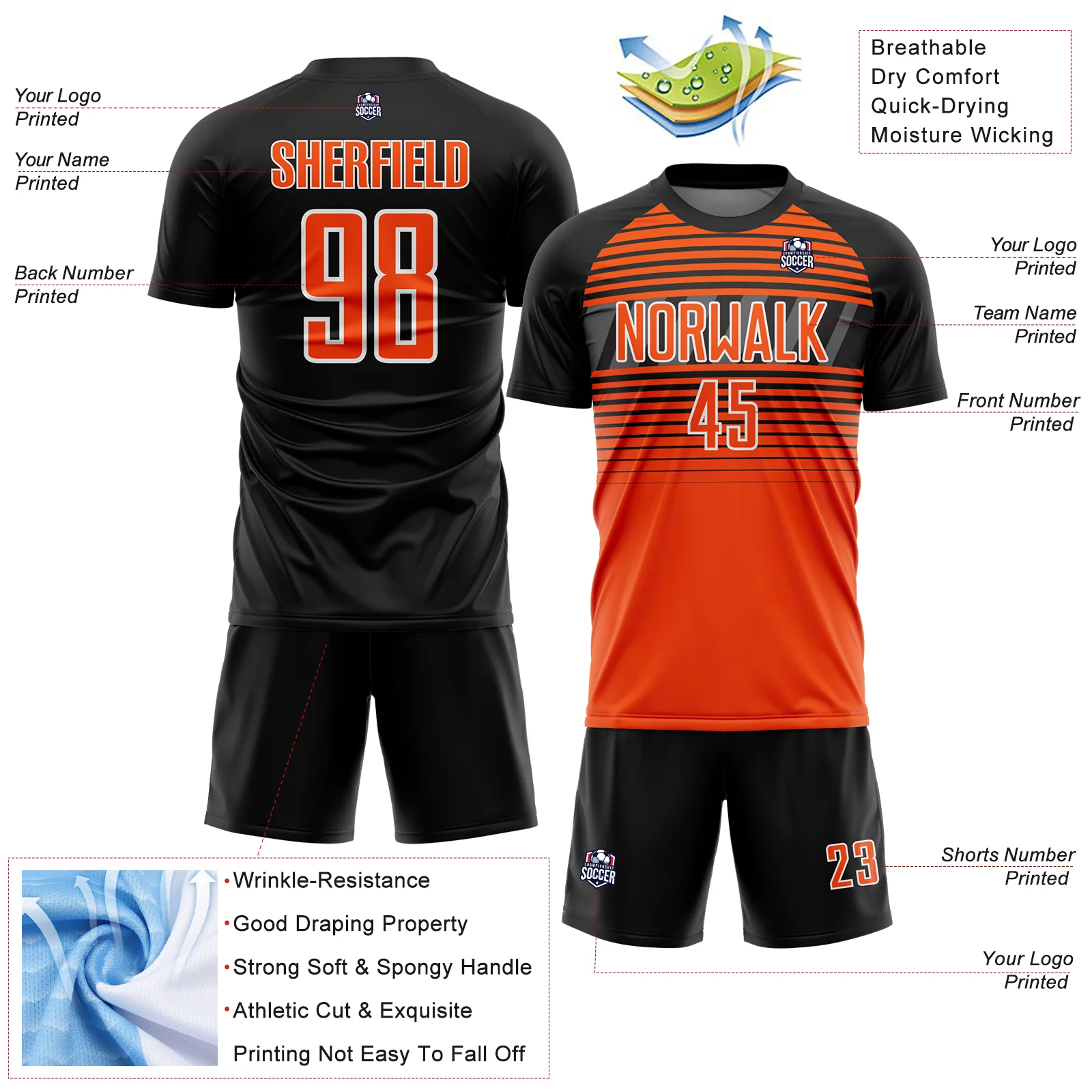Custom Black Orange Steel Gray-White Gradient Horizontal Stripes Sublimation Soccer Uniform Jersey - Image 4
