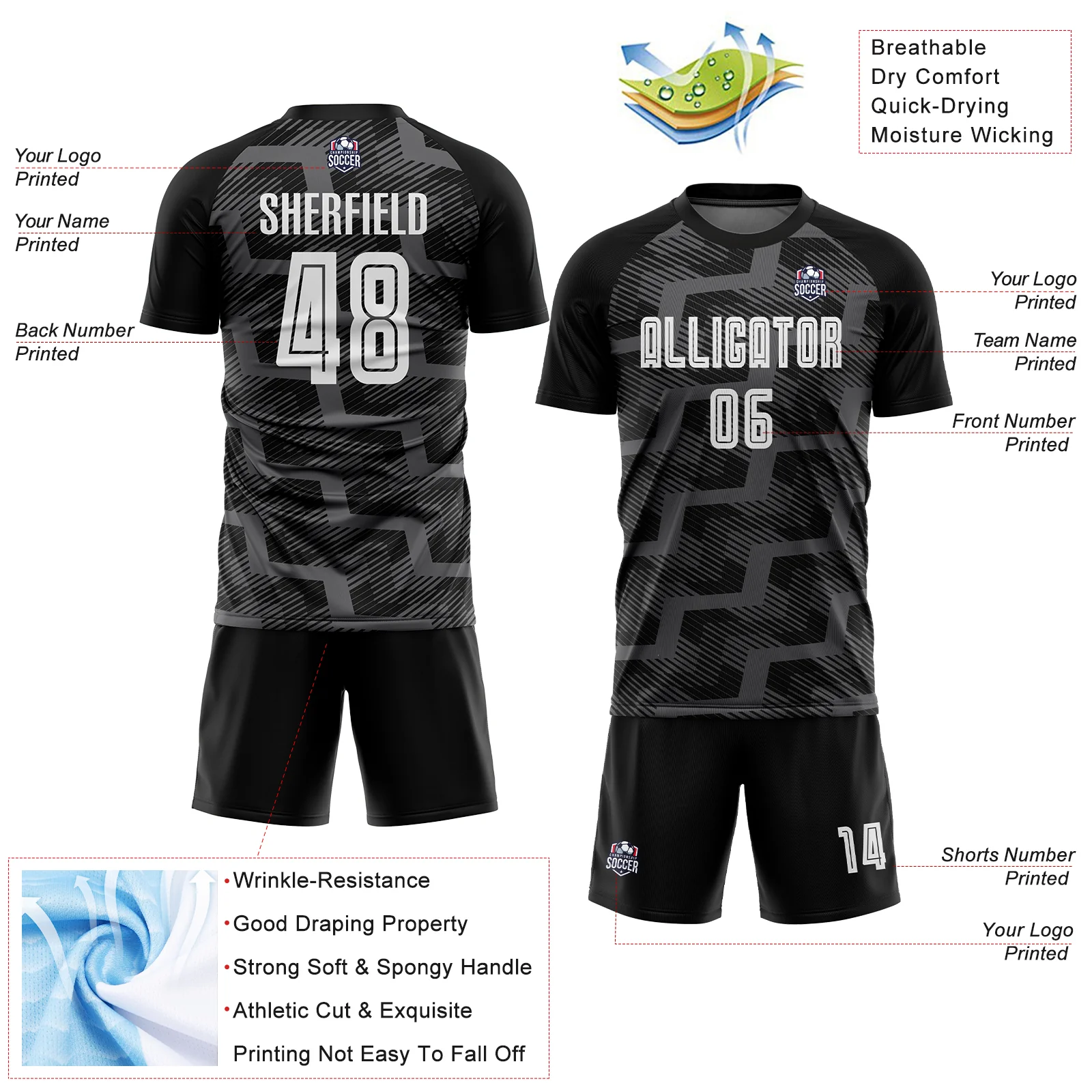 Custom Black White-Steel Gray Line Sublimation Soccer Uniform Jersey - Image 4