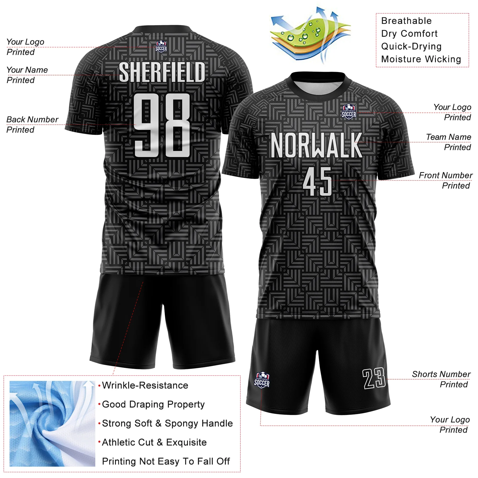 Custom Black White-Steel Gray Geometric Maze Interlocking Square Sports Sublimation Soccer Uniform Jersey - Image 4