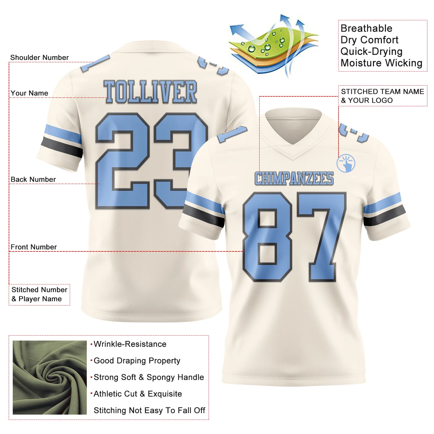 Custom Cream Light Blue-Steel Gray Authentic Football Jersey - Image 3