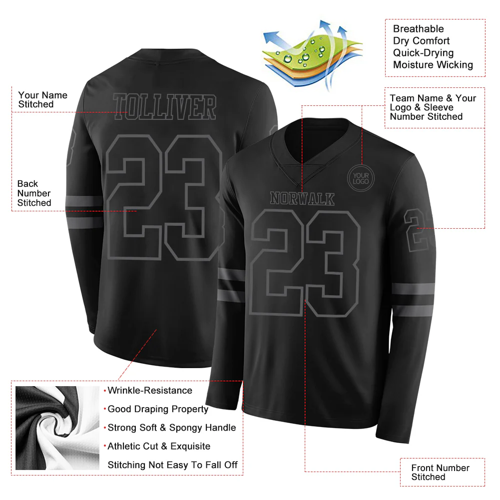 Custom Black Steel Gray Long Sleeve Authentic Football Jersey - Image 2
