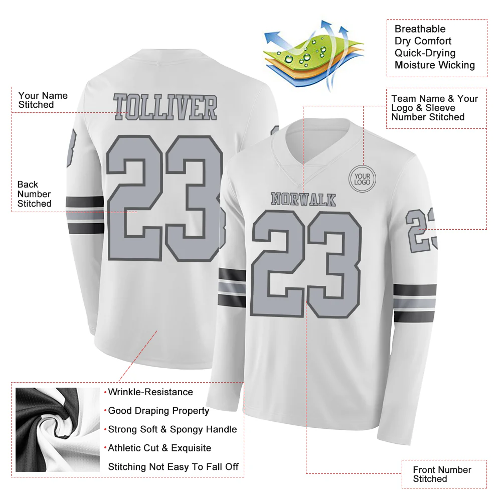 Custom White Gray-Steel Gray Long Sleeve Authentic Football Jersey - Image 2