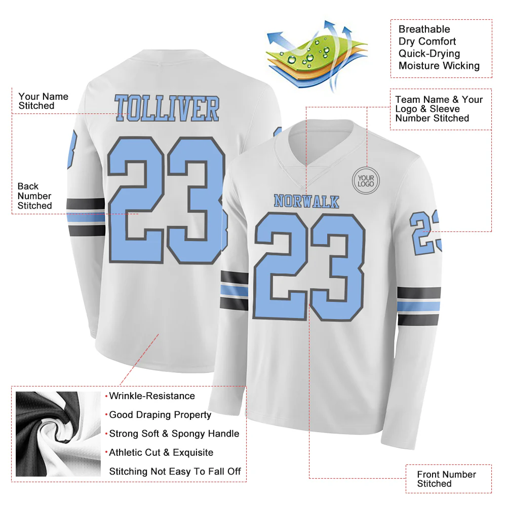 Custom White Light Blue-Steel Gray Long Sleeve Authentic Football Jersey - Image 2