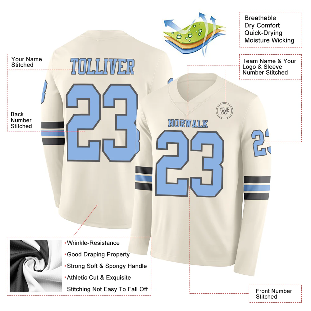 Custom Cream Light Blue-Steel Gray Long Sleeve Authentic Football Jersey - Image 2
