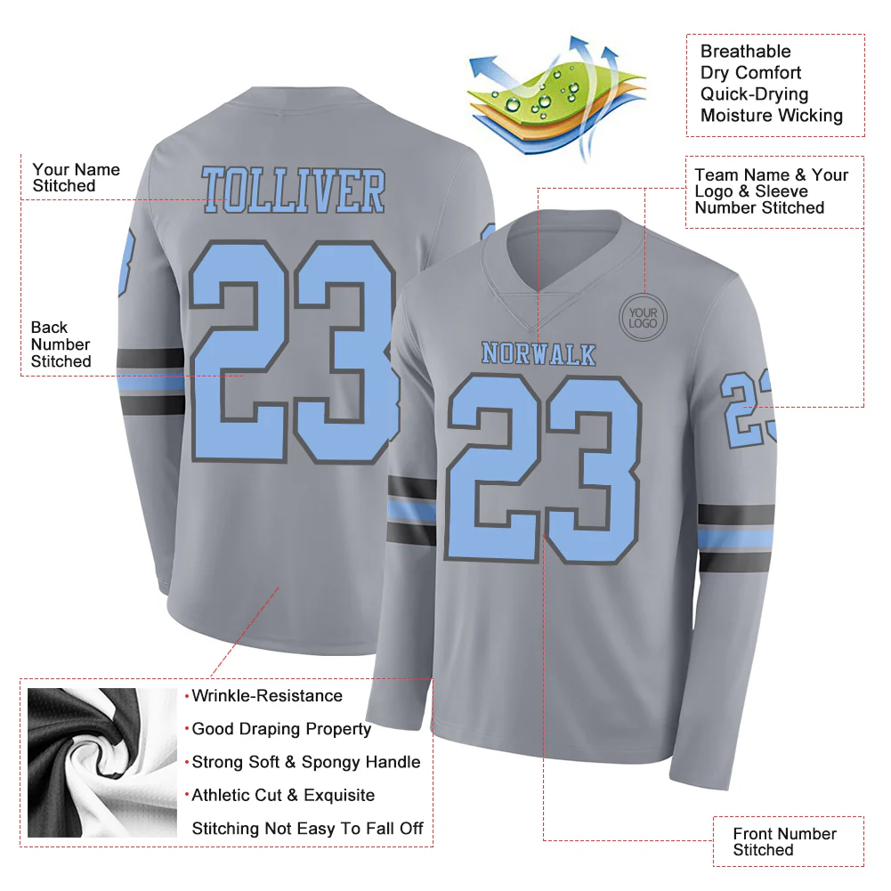Custom Gray Light Blue-Steel Gray Long Sleeve Authentic Football Jersey - Image 2