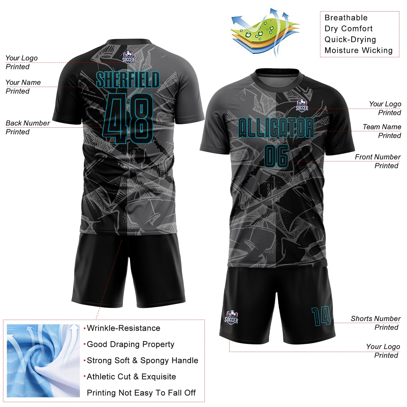 Custom Graffiti Pattern Black Steel Gray-Teal Scratch Sublimation Soccer Uniform Jersey - Image 4