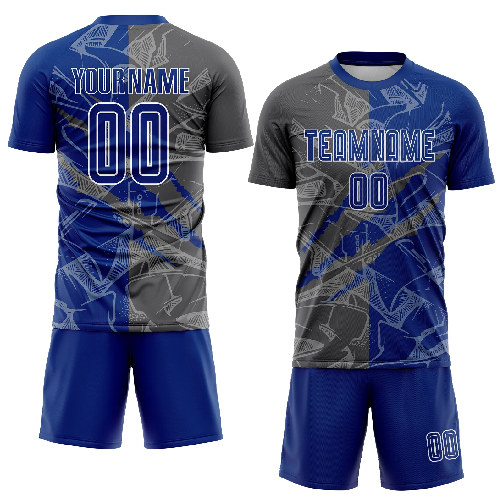 Custom Graffiti Pattern Royal-Steel Gray Scratch Sublimation Soccer Uniform Jersey - Image 2