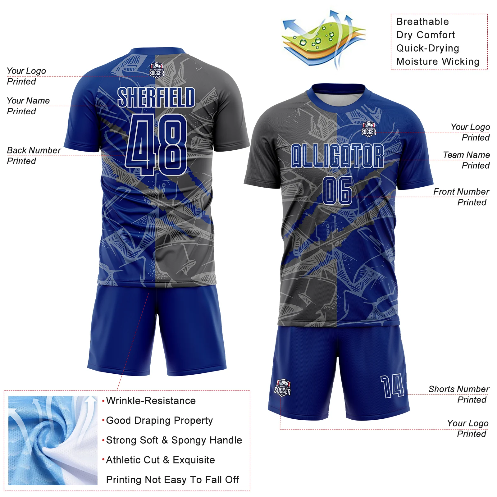 Custom Graffiti Pattern Royal-Steel Gray Scratch Sublimation Soccer Uniform Jersey - Image 4