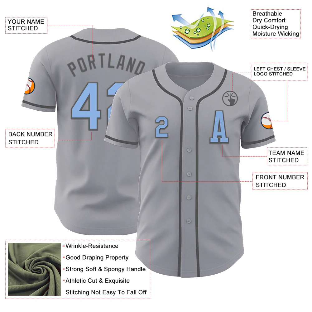Custom Gray Light Blue-Steel Gray Authentic Baseball Jersey - Image 2