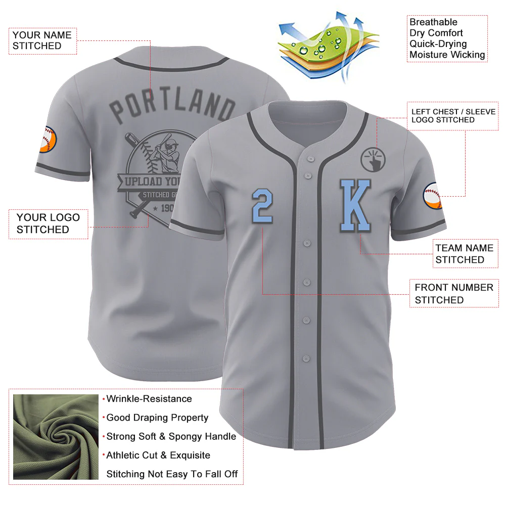 Custom Gray Light Blue-Steel Gray Authentic Baseball Jersey - Image 6