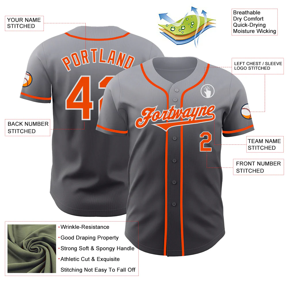 Custom Gray Orange Steel Gray-White Authentic Fade Fashion Baseball Jersey - Image 3