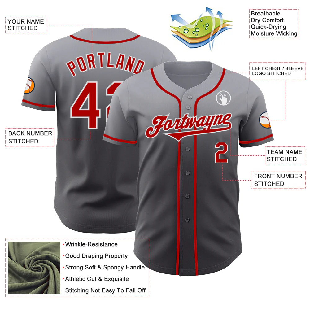 Custom Gray Red Steel Gray-White Authentic Fade Fashion Baseball Jersey - Image 3