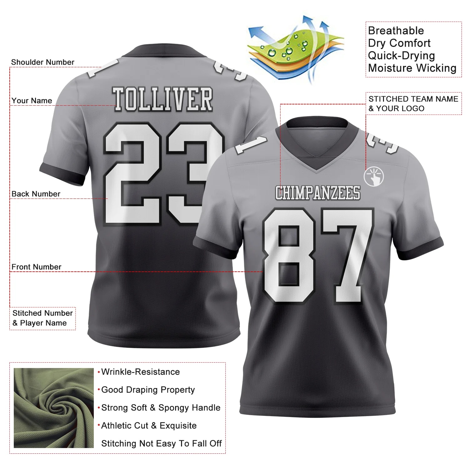 Custom Gray White Steel Gray-Black Authentic Fade Fashion Football Jersey - Image 2