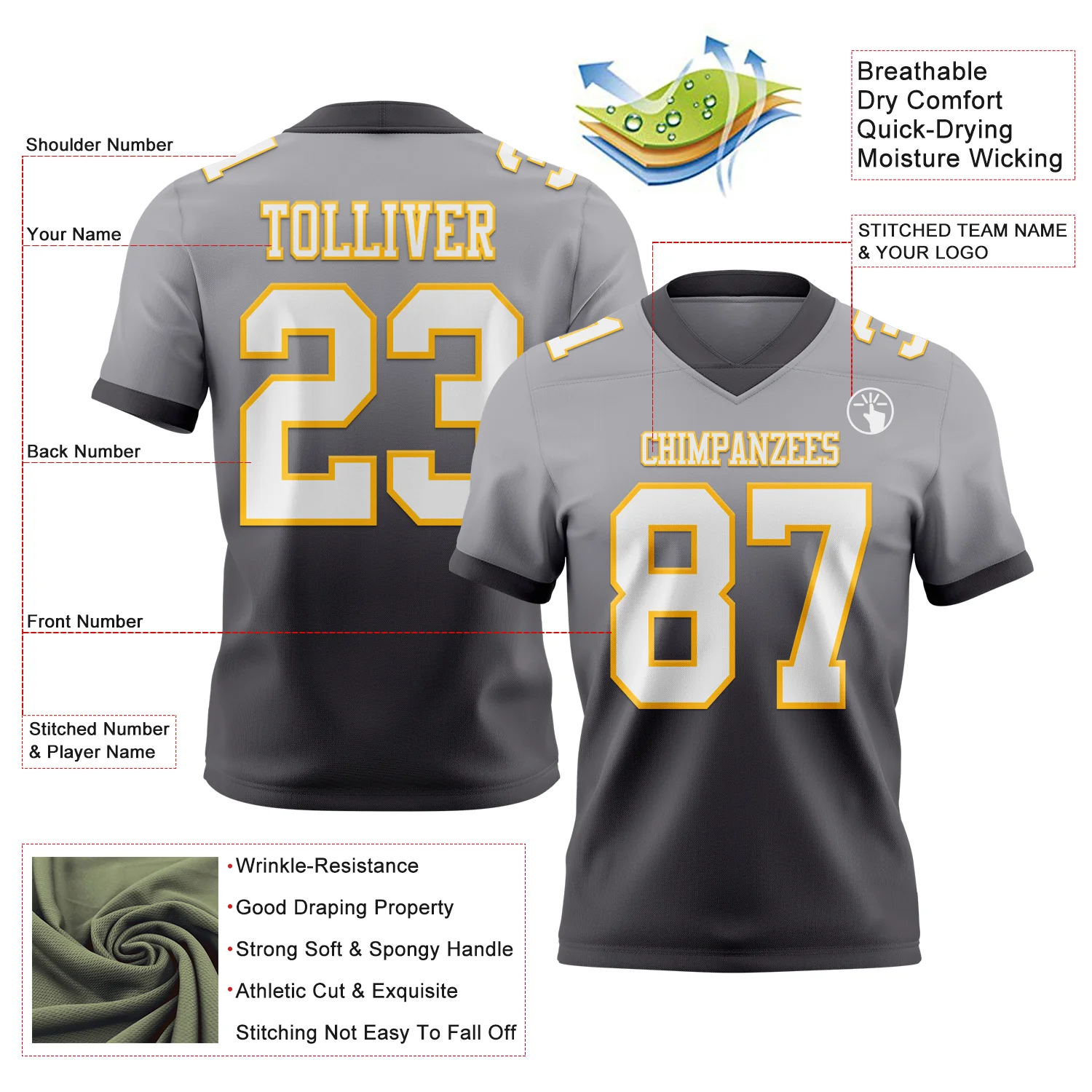 Custom Gray White Steel Gray-Gold Authentic Fade Fashion Football Jersey - Image 2