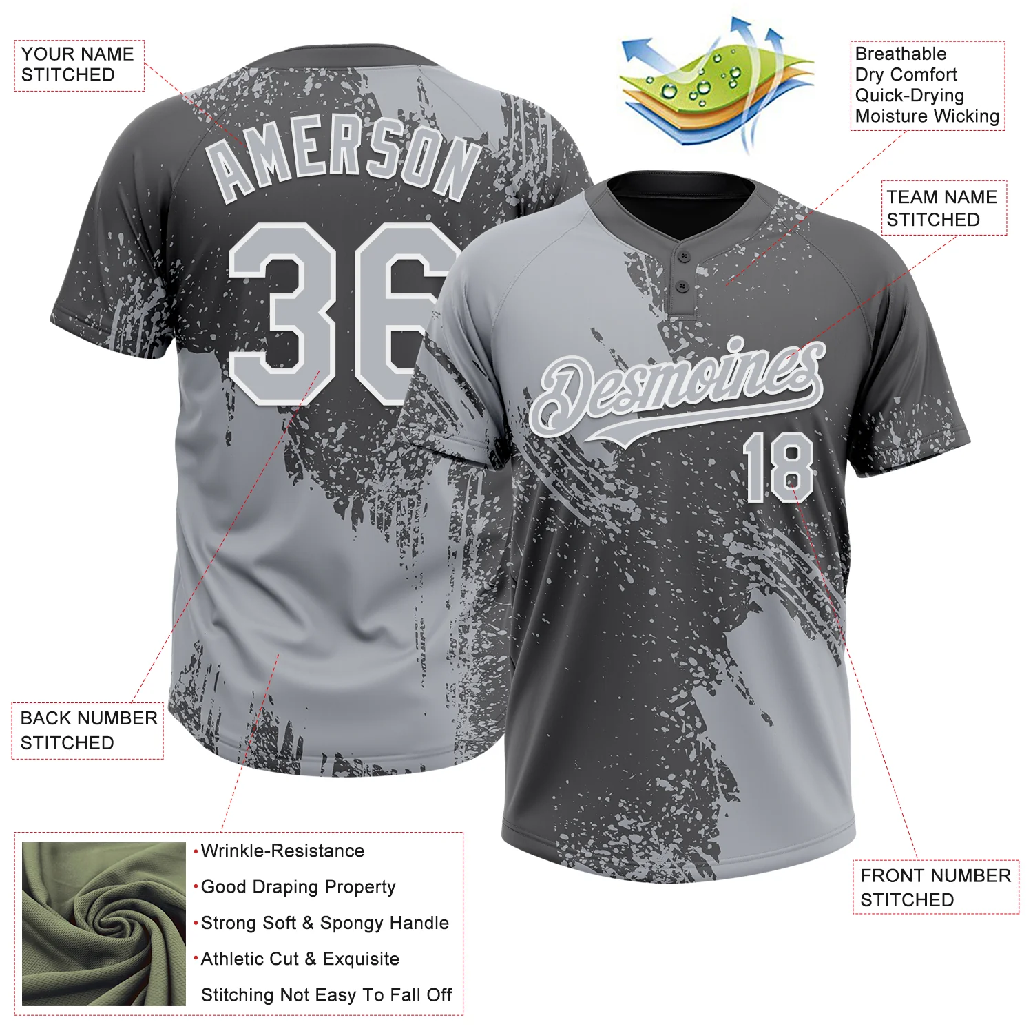 Custom Gray Steel Gray-White 3D Pattern Abstract Brush Stroke Two-Button Unisex Softball Jersey - Image 3