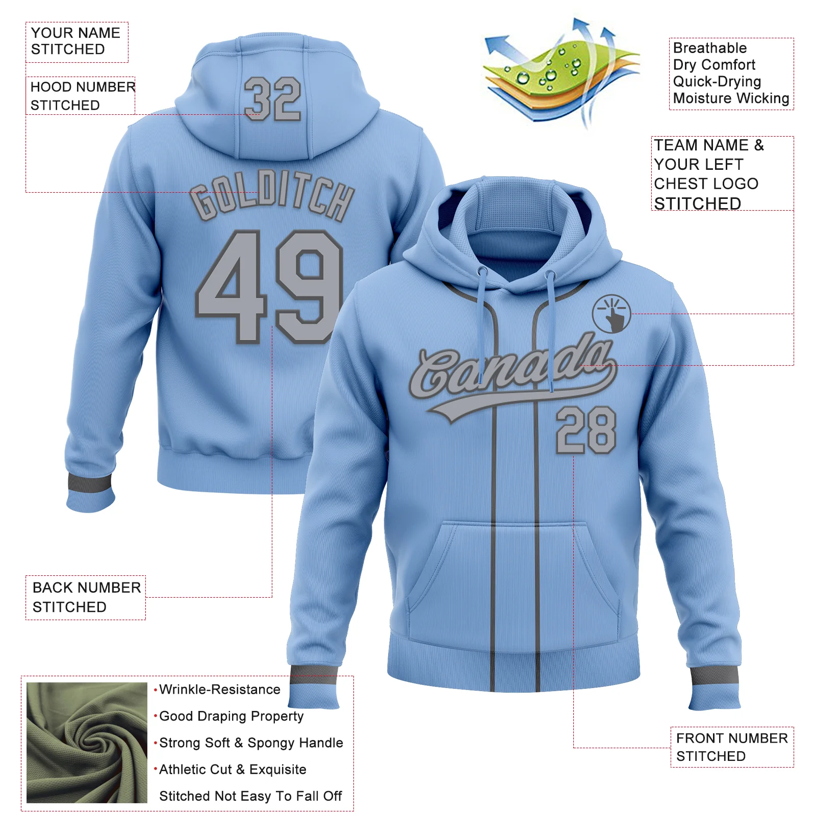 Custom Stitched Light Blue Gray-Steel Gray Baseball Pullover Sweatshirt Hoodie - Image 2