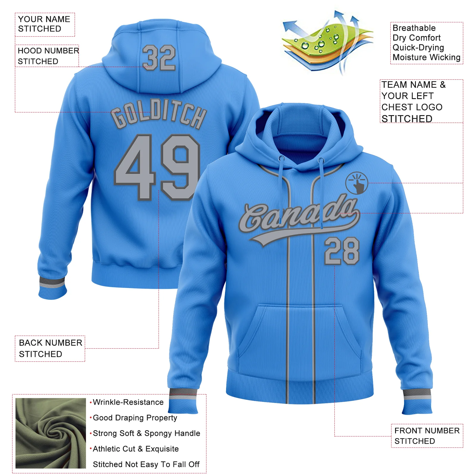 Custom Stitched Powder Blue Gray-Steel Gray Baseball Pullover Sweatshirt Hoodie - Image 2