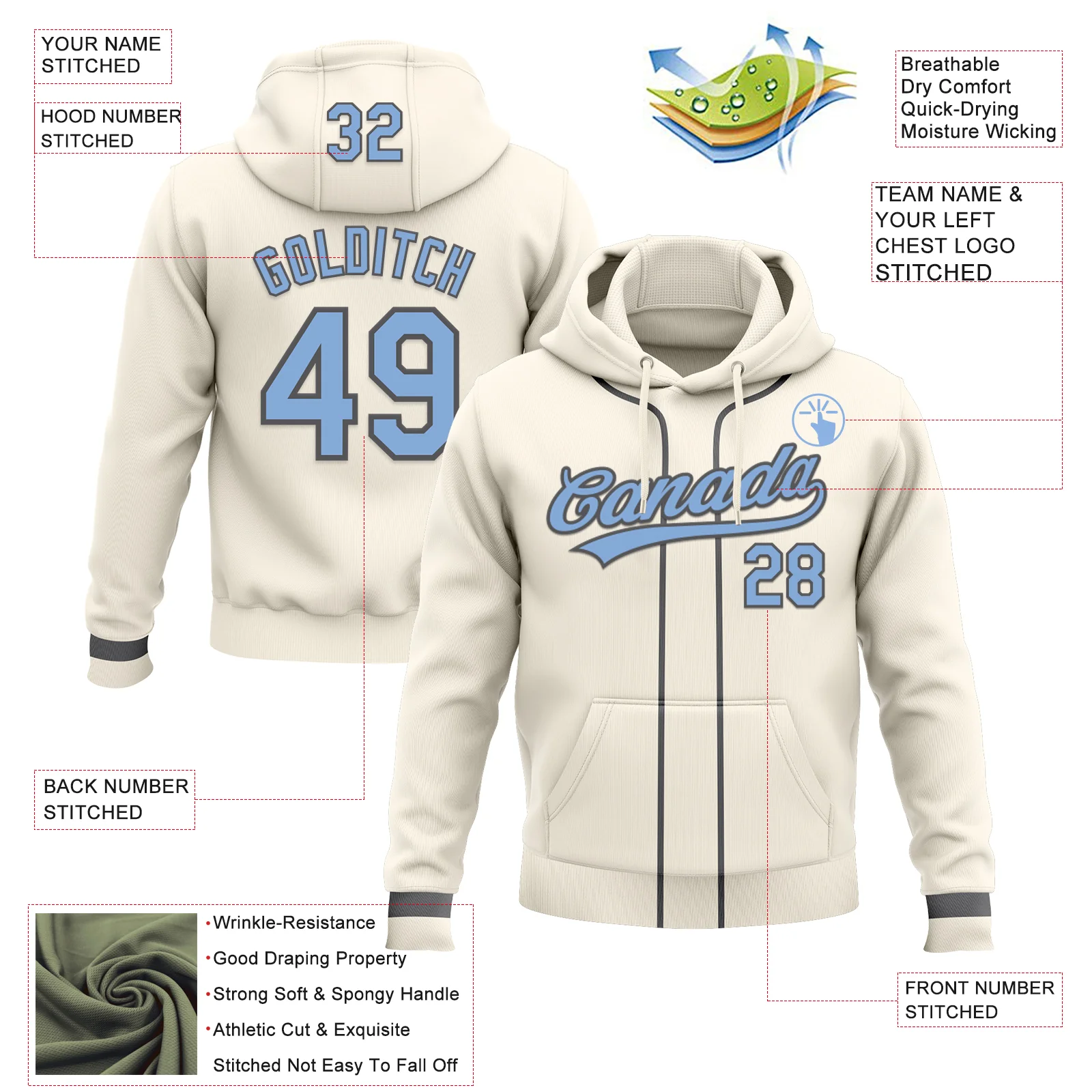 Custom Stitched Cream Light Blue-Steel Gray Baseball Pullover Sweatshirt Hoodie - Image 2
