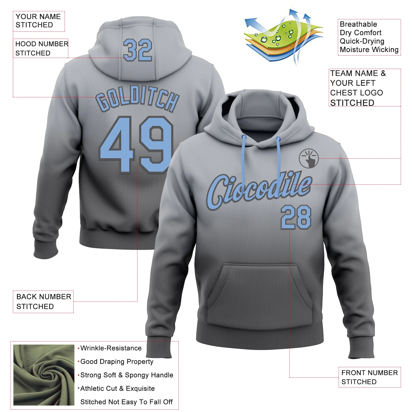 Custom Stitched Gray Light Blue-Steel Gray Fade Fashion Sports Pullover Sweatshirt Hoodie - Image 2
